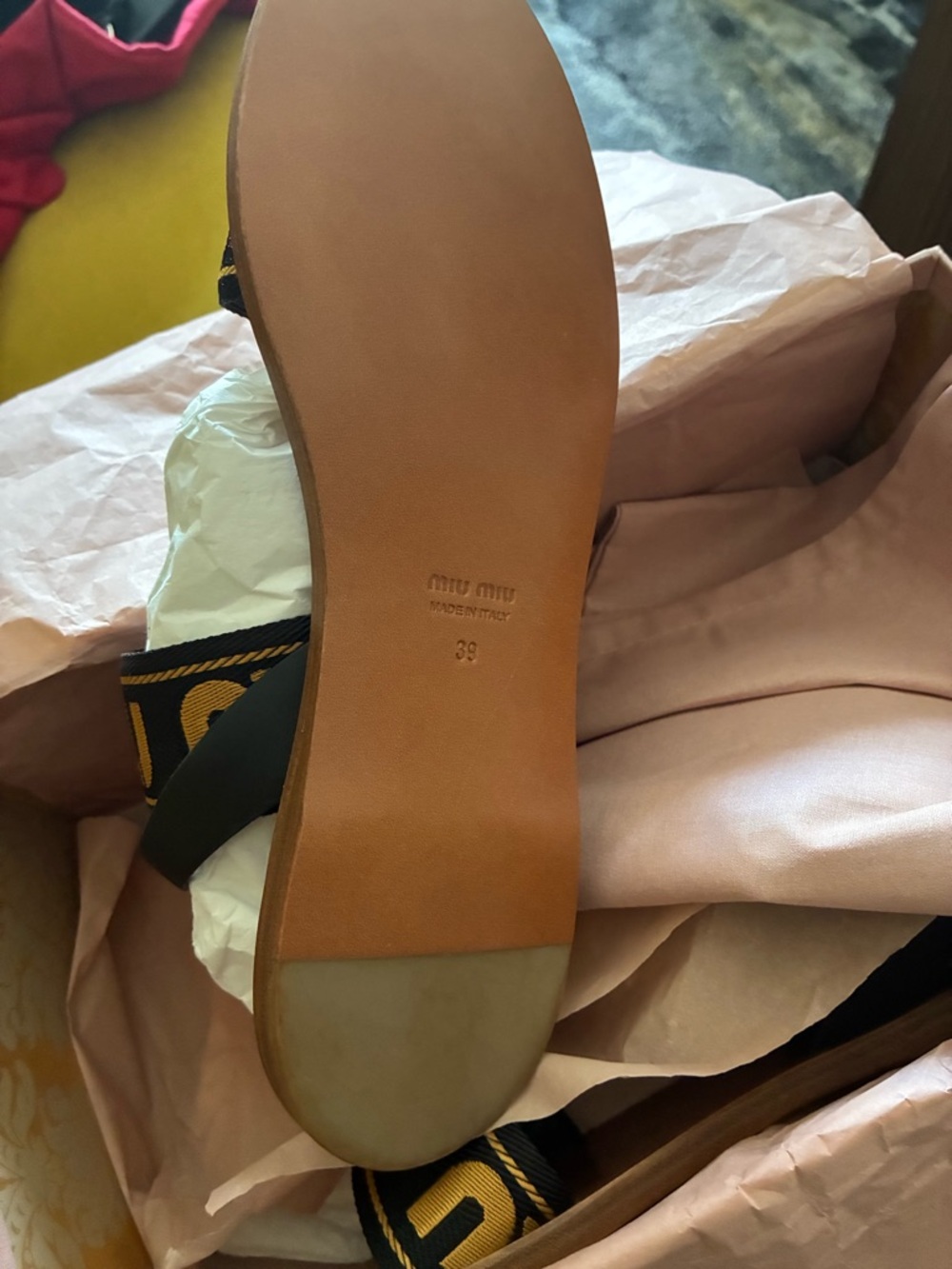 Miu Miu Black and Yellow Logo Webbing Flat Sandals - Picture 5 of 7